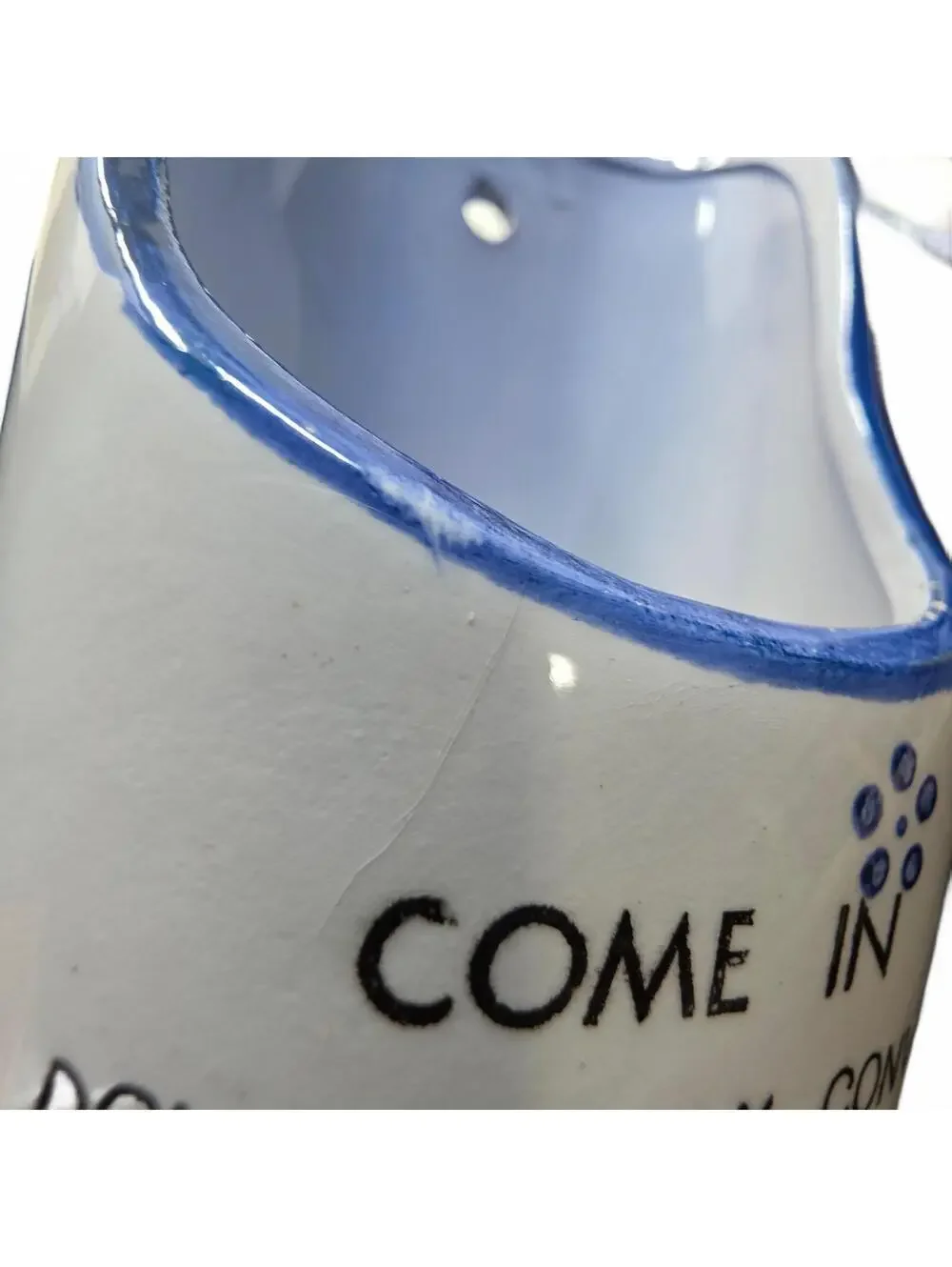 Vintage Ceramic Scoop Wall Pocket Planter Blue White Funny House Quote